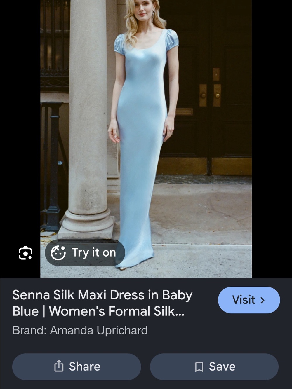 Amanda Uprichard Light Blue Silk Maxi Dress with Puff Sleeves